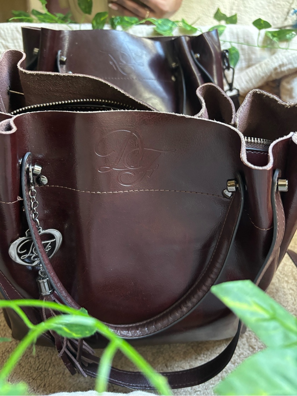 Rich Plum / Deep Wine Real Leather Bucket Tote with Tassel Charm 🍷✨
